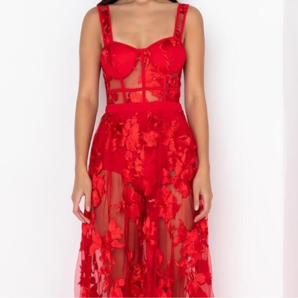 Akira Red Lace Maxi Dress with Corset Tulle Floral NWT Large